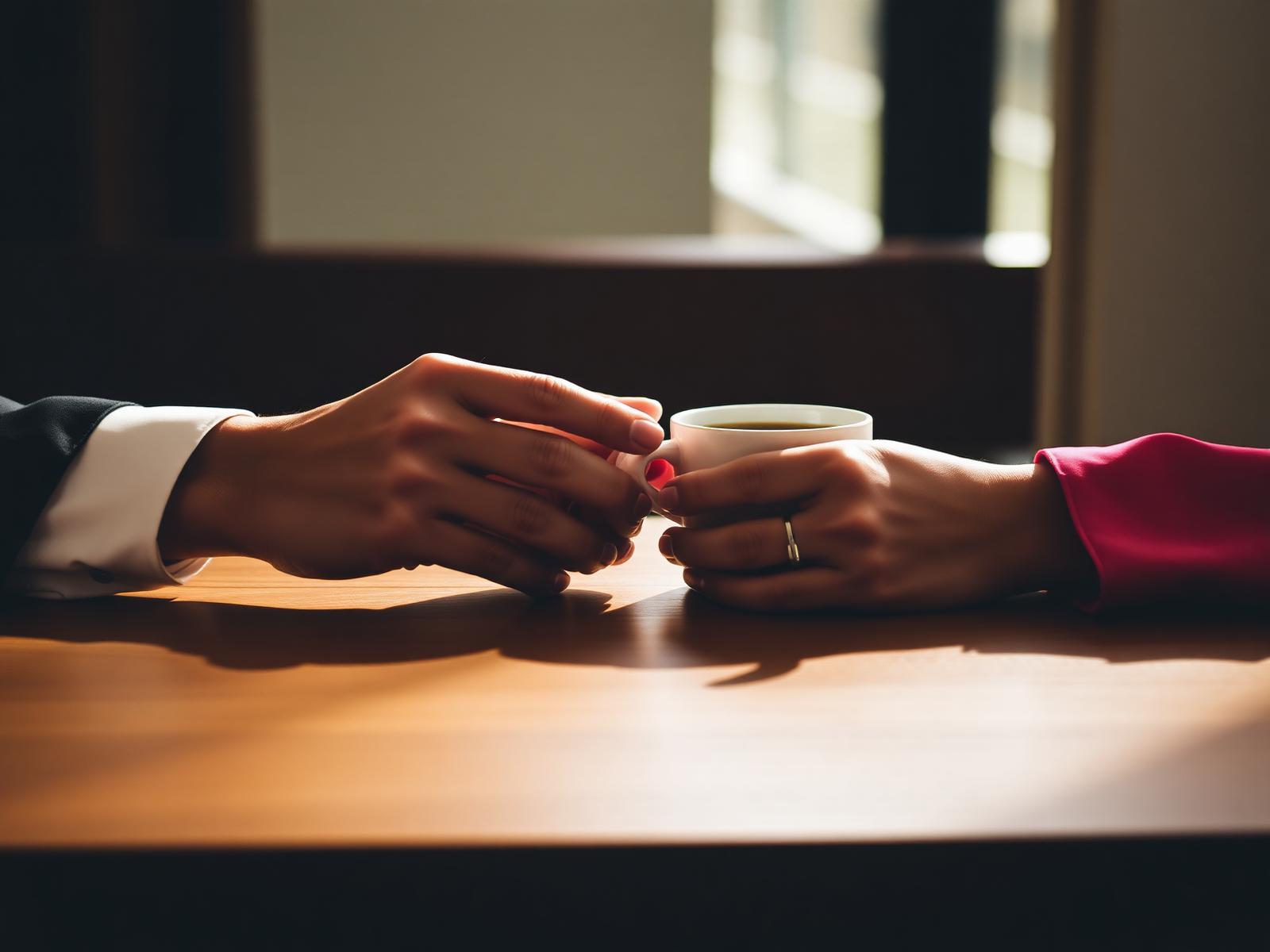 Two people sharing a warm conversation over coffee